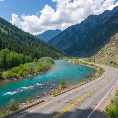 Mountain road beside flowing river