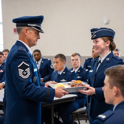Service members share a meal together