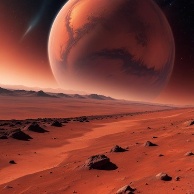 Mars landscape with large planet view