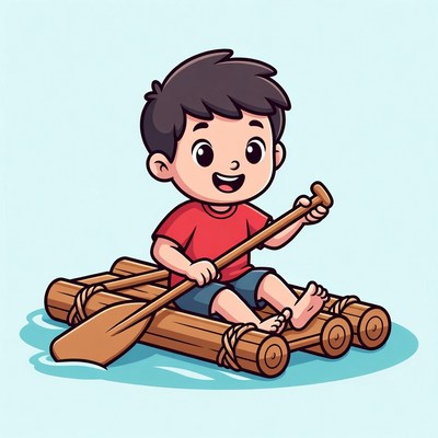 Boy on a raft paddling in water