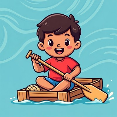 Boy paddling in wooden raft on water
