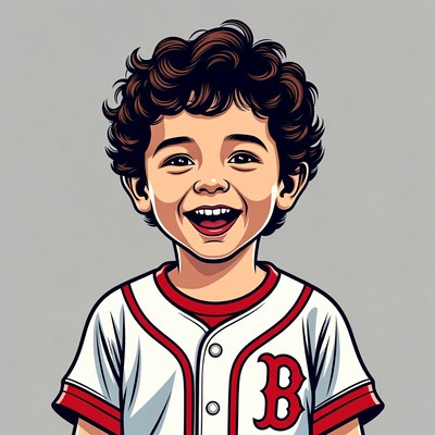 Young boy in baseball shirt smiling