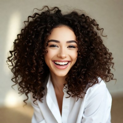 Happy woman with curly hair smiling
