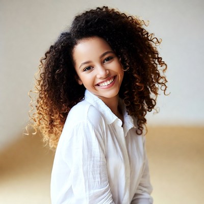 Young girl smiles with curly hair indoors