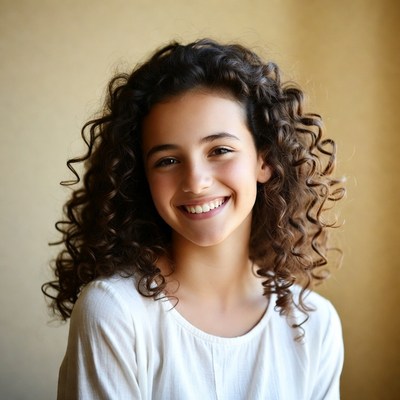 Girl smiling with curly hair indoors