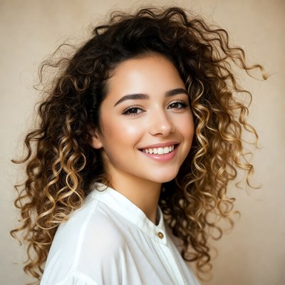 Woman with curly hair smiles softly