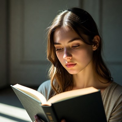 Young woman reading a book indoors