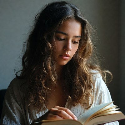 Girl reading book by window in sunlight