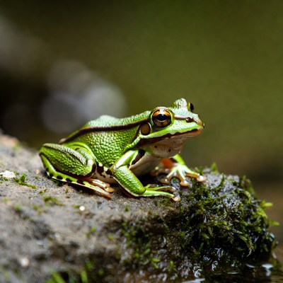 Green frog sitting on wet stone