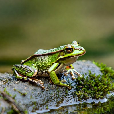 Green frog on wet rock
