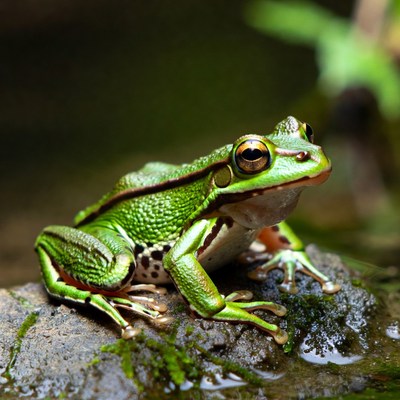 Green frog on a rock by water