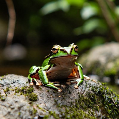 Frog sitting on wet rock near water