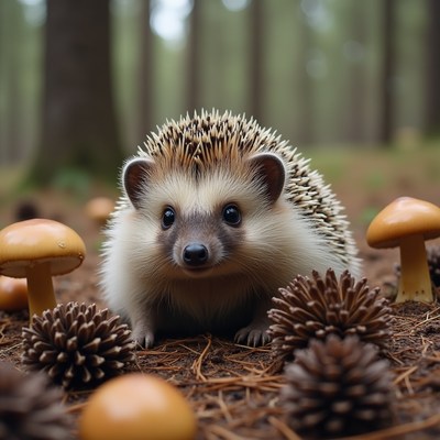 Hedgehog in the forest with mushrooms