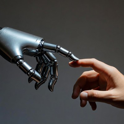 Robot hand touches human hand