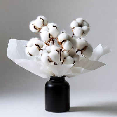 Cotton stems in a black vase