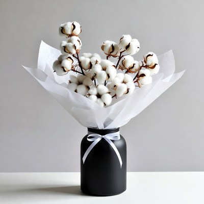 Cotton stems in black vase with paper