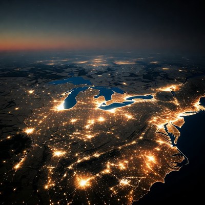 Night view of lakes and cities