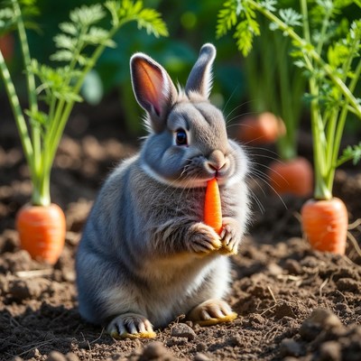 Rabbit eating carrot in garden