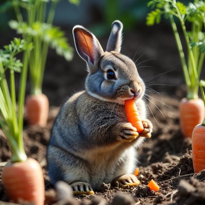 Rabbit eating carrot in garden