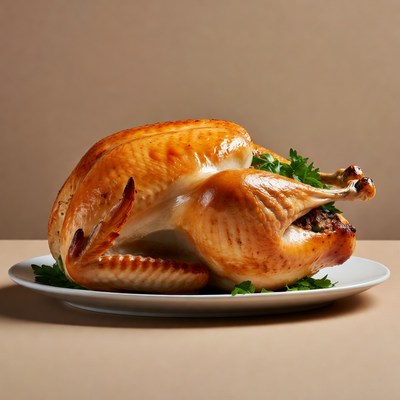 Roasted turkey on a plate with herbs