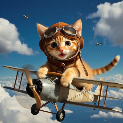 Cat flying a plane in the sky