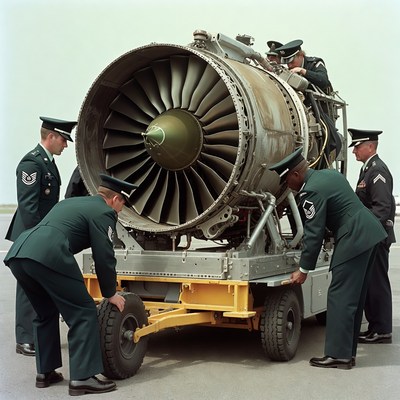 Military personnel work on jet engine