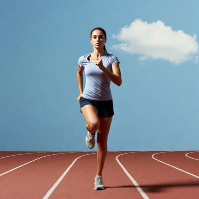 Runner on track under blue sky