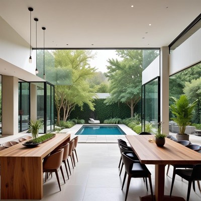 Modern dining area with pool view