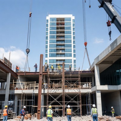 Construction site with workers and crane