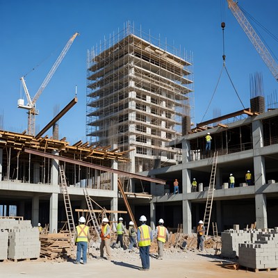 Construction site with workers and cranes