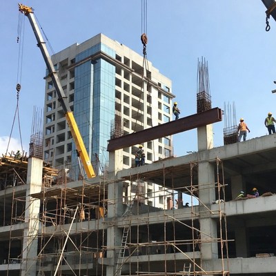 Construction workers are busy on a building site