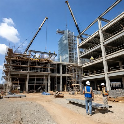 Construction site with cranes and workers