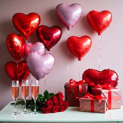 Decorative balloons with gifts and roses