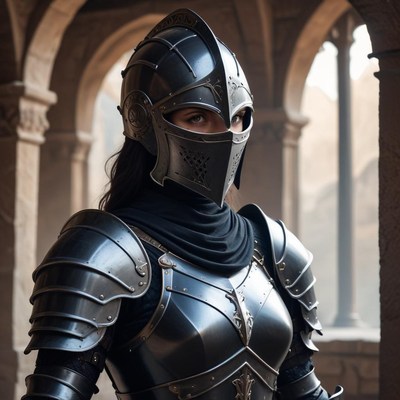 Warrior in shining armor poses