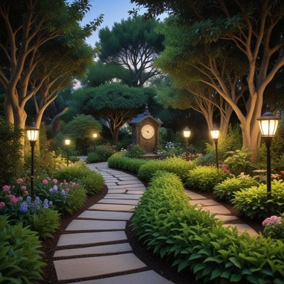 Garden path with lights and clock