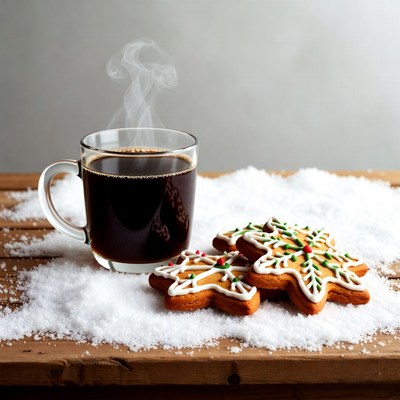 Coffee and cookies on snowy table