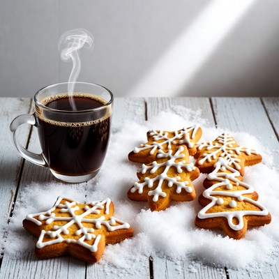 Coffee and cookies on snowy table