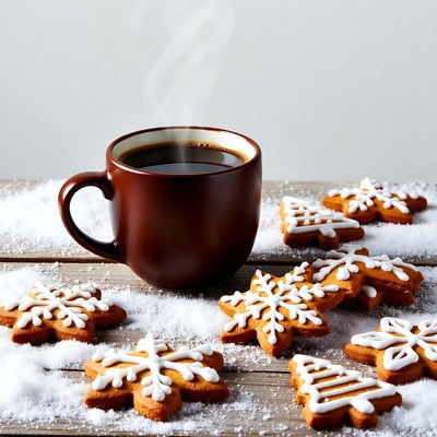 Coffee and cookies on snowy table