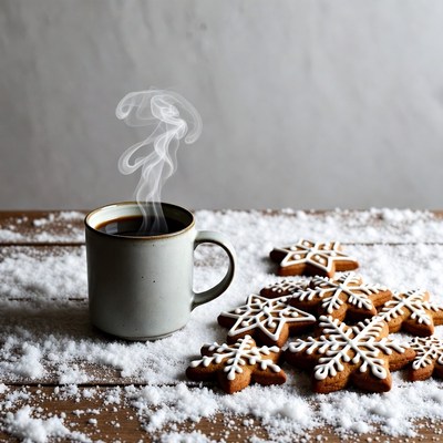 Warm drink with cookies on snowy table