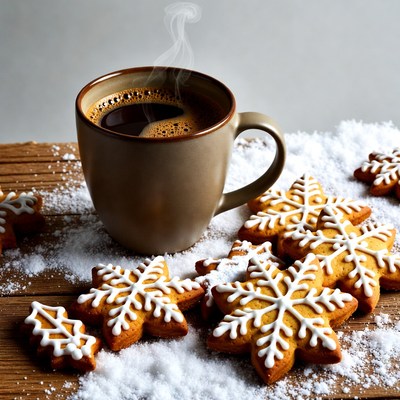 Coffee and snowflake cookies on table