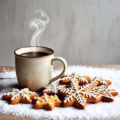Warm drink and cookies on snowy table