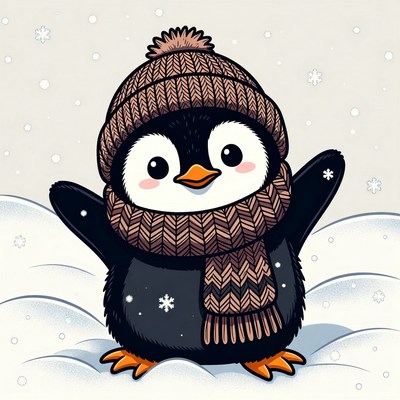 Penguin in winter hat and scarf