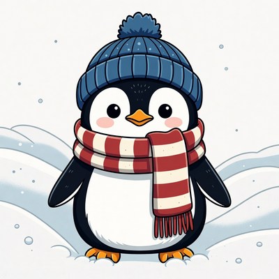 Penguin in winter clothing outside
