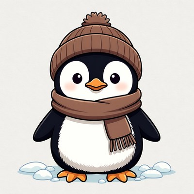 Penguin wearing hat and scarf in snow