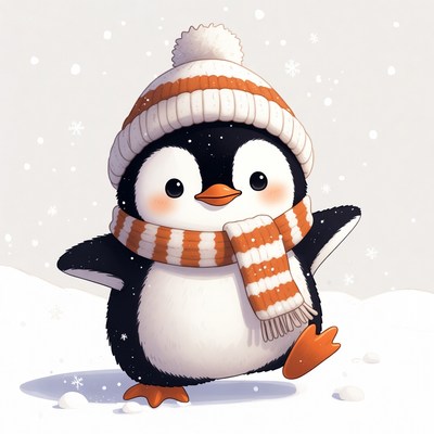 Penguin wearing hat and scarf