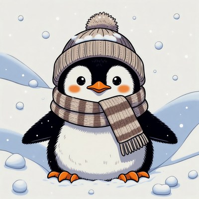 Penguin in winter clothing in snow