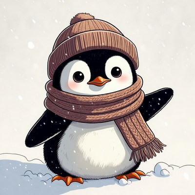 Penguin in winter gear on snowy ground