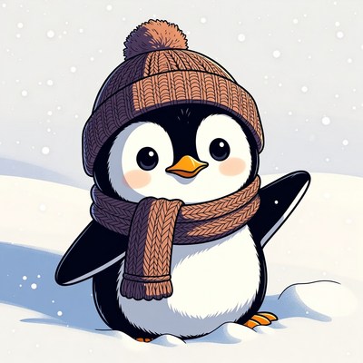 Penguin in winter attire in snowy landscape