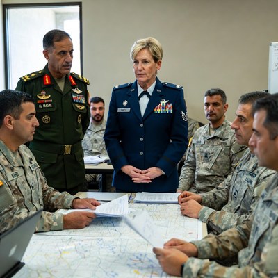 Military leaders discuss strategy in meeting room