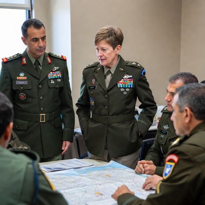 Military leaders discuss strategy in meeting room